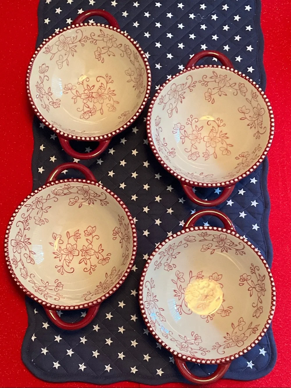 EUC Temp-Tations Red Floral Trim Stoneware Bowls (Set of 4)
